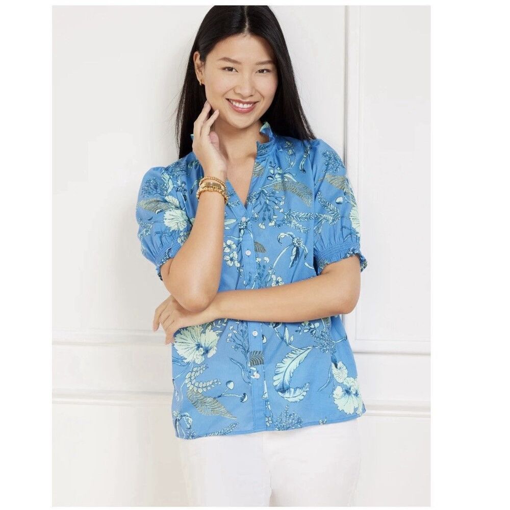 Talbots Blue Floral Garden Blouse Smocked Sleeve Button Up Cotton Blouse Top M